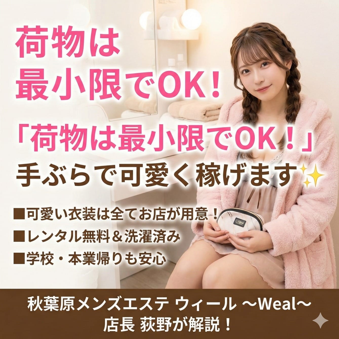 荷物は最小限でOK！ウィールなら「手ぶら」で可愛く稼げます✨ 2026-01-23 14:00:32 | 秋葉原メンズエステ ウィールWeal店長ブログ