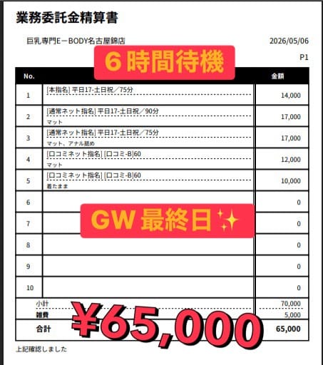 【6時間待機で65,000円】短時間でも高収入を実現?✨ 2026-05-07 08:28:57 | E－BODY（イーボディ）名古屋錦店～E＋Group～店長ブログ