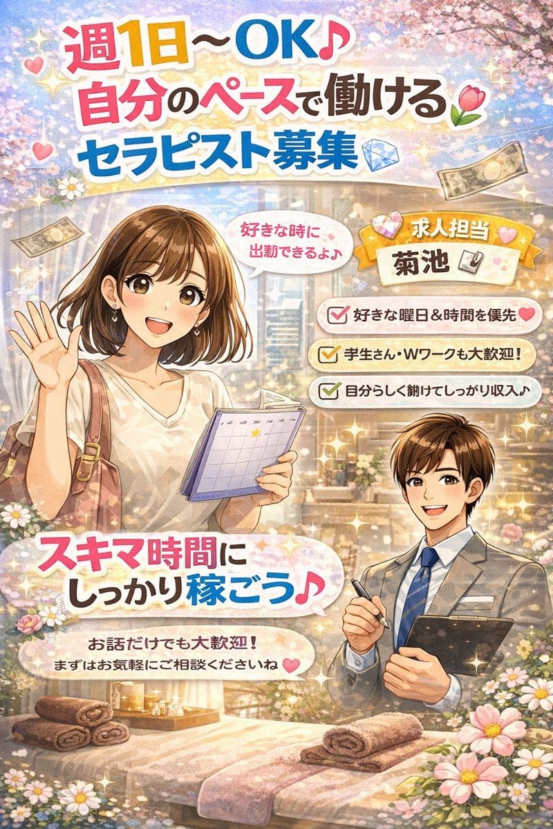 月1日〜OK♪自分のペースで働けます！セラピストさん募集中 2026-02-11 23:07:33 | 極SPA Rirum店長ブログ