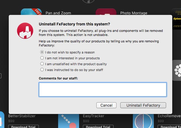 FxFactory / FxFactory プラグインファミリー製品 アンインストール方法：Step 2