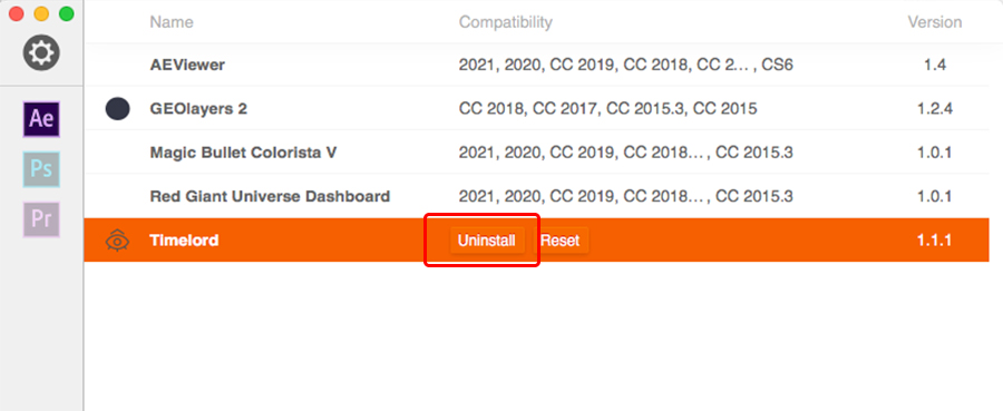 Timelord アンインストール方法：Step 1