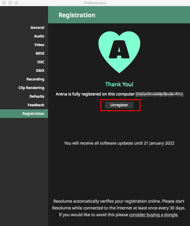 Resolume ライセンス認証解除方法:Step 1