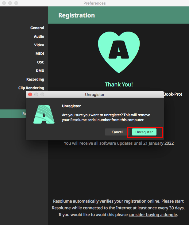 Resolume ライセンス認証解除方法:Step 2