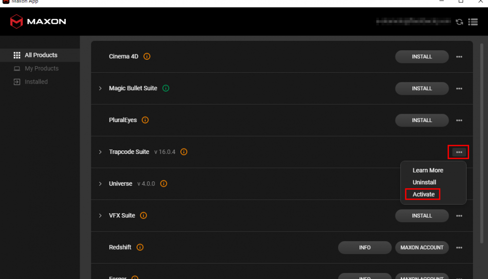 Maxon 社製品製品ライセンス認証方法：Step 1