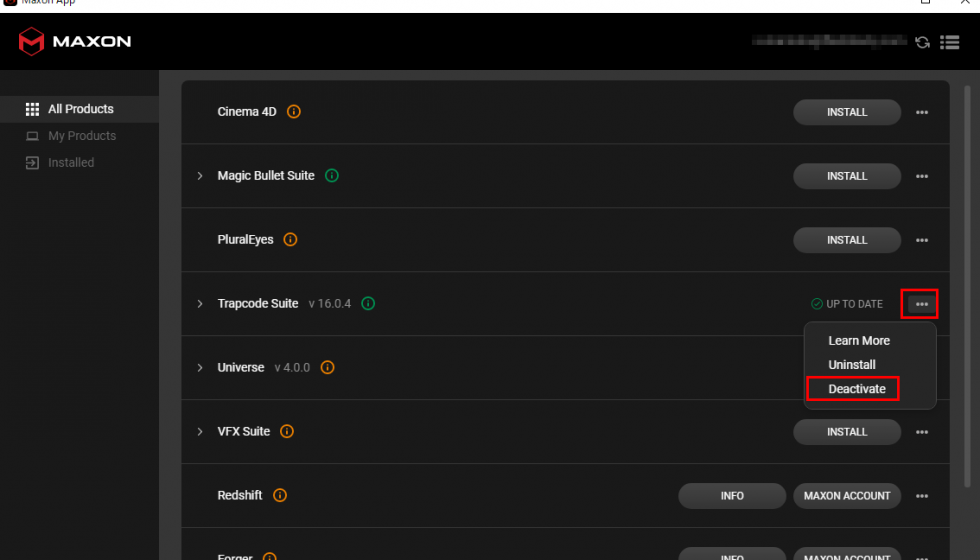 Maxon 社製品製品ライセンス認証解除方法：Step 1