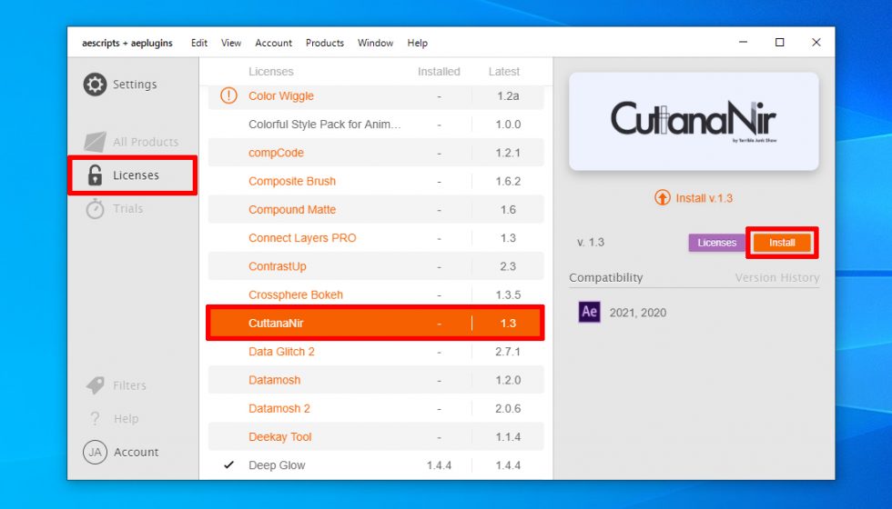 aescripts + aeplugins 社製品 インストール & ライセンス認証方法:Step 1