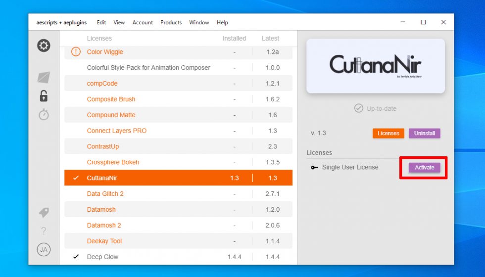 aescripts + aeplugins 社製品 Manager App経由のライセンス認証解除方法:Step 2