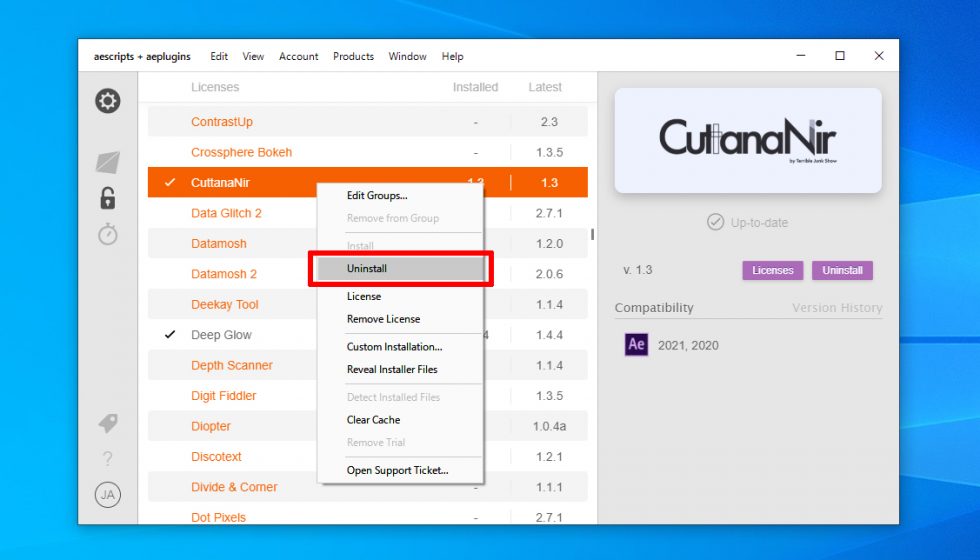 aescripts + aeplugins 社製品 アンインストール方法:Step 1
