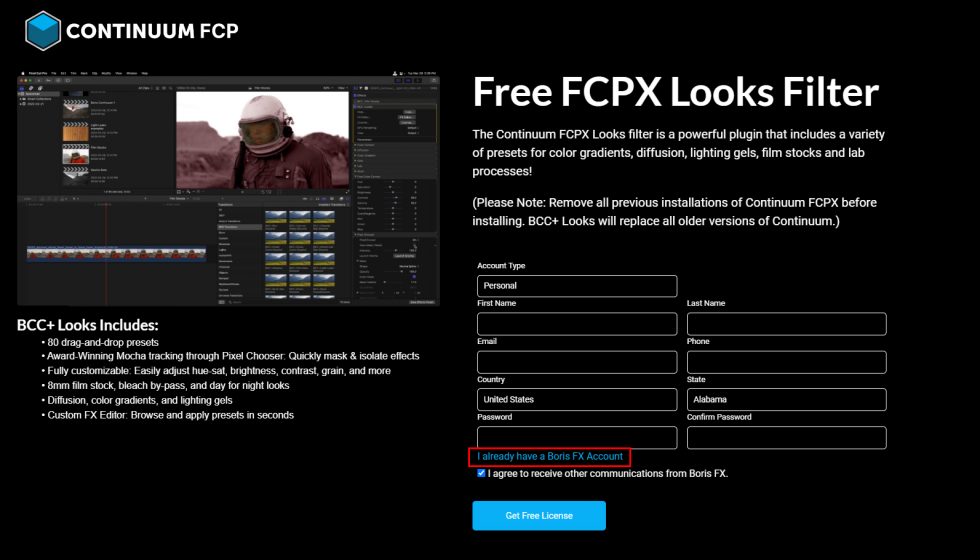 Boris FX Continuum FCP Filter Looks Free ダウンロード方法：Step 1
