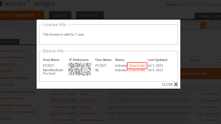aescripts + aeplugins社 スクリプト製品 ライセンス認証解除方法：Step 2