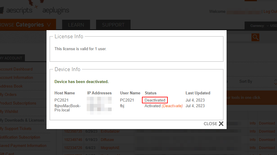 aescripts + aeplugins社 スクリプト製品 ライセンス認証解除方法：Step 3