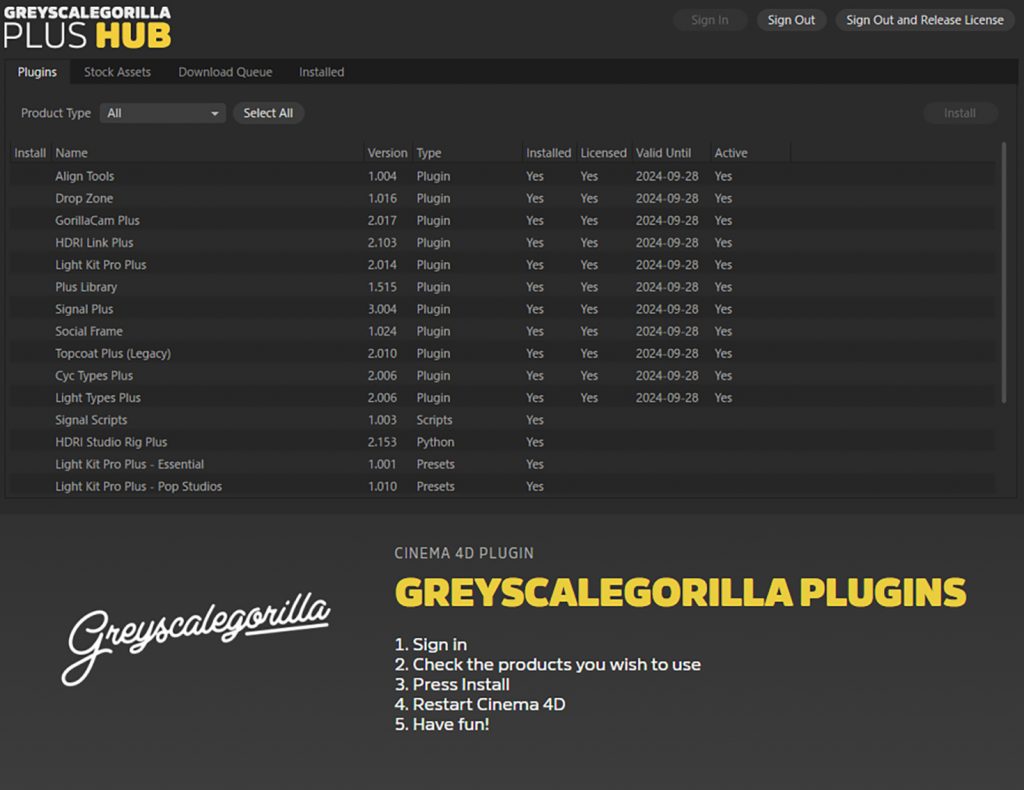 【プラグイン、アセットを一括で管理できる Greyscalegorilla Plus HUB】