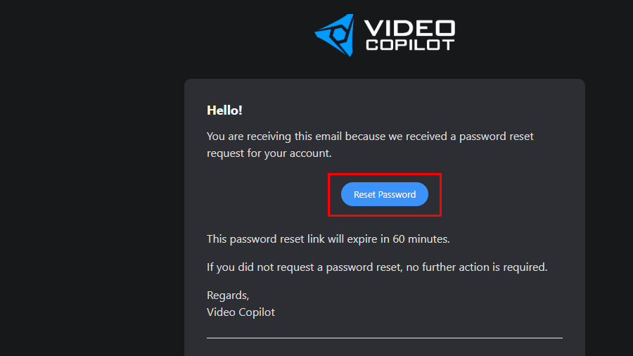 Video Copilot アカウント パスワードリセット方法:Step 4