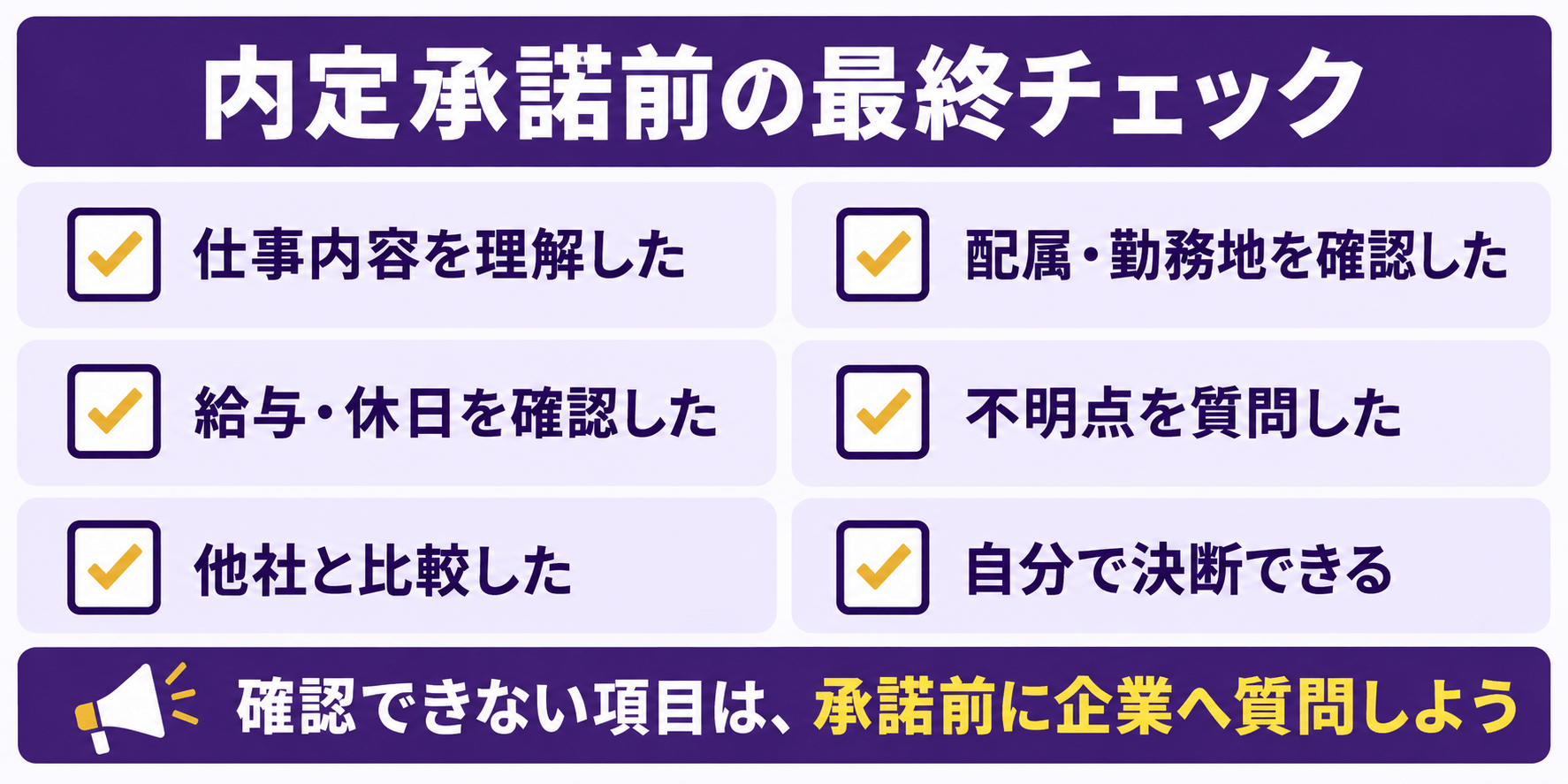 仕事内容・配属・勤務地・給与・休日・不明点・他社比較を確認する内定承諾前のチェックリスト