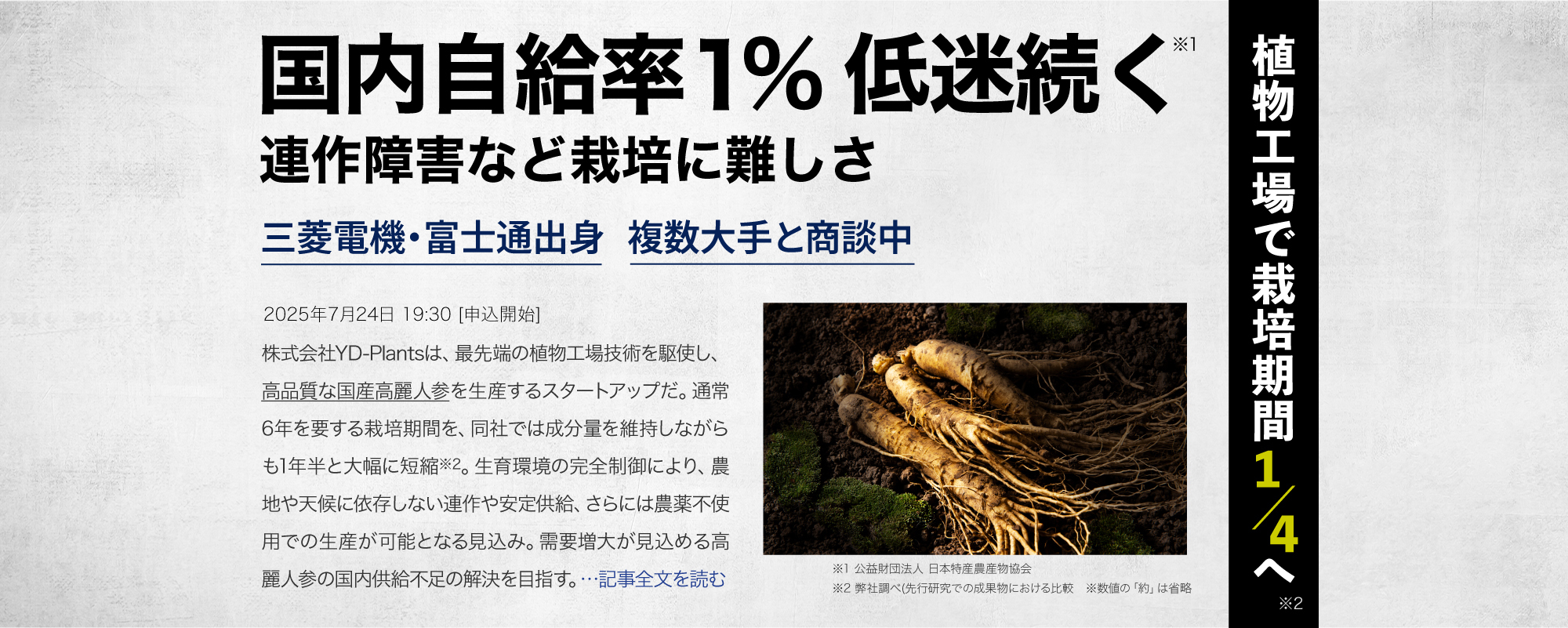〈栽培期間約1/4に短縮〉長年の研究が生んだ高麗人参の植物工場。”自給率約1%”の国内供給問題を解決