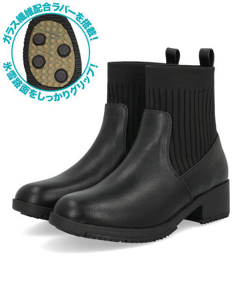 North Date ノースデイト レディース 耐水リブニットブーツ【耐水/滑りにくい/ガラス繊維配合ソール/蓄熱保温】ウィンターシューズ KH-2402 ブラック ショート