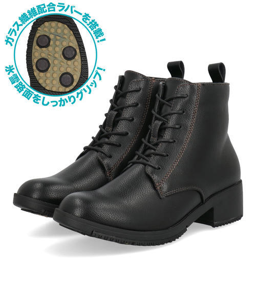 North Date ノースデイト レディース 耐水レースアップブーツ【耐水/滑りにくい/ガラス繊維配合ソール/蓄熱保温】ウィンターシューズ KH-2401 ブラック ショート