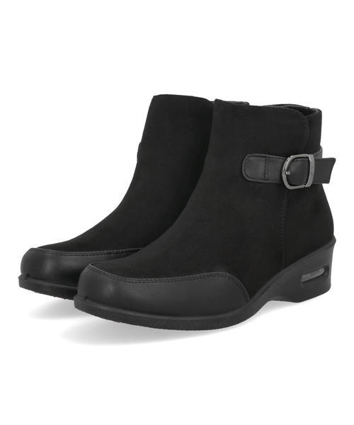 Recious Lab リシャスラボ レディース ベルト付きショートブーツ【防水/滑りにくい/幅広4E/あったか裏起毛】 P9527 ブラック Recious Lab リシャスラボ レディース ベルト付きショートブーツ【防水/滑りにくい/幅広4E/あったか裏起毛】 P9527 ブラック