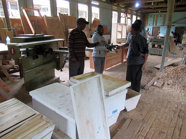 害虫対策のためあれこれ話し合いながら、既存養蜂箱の改良に取り組んでいます