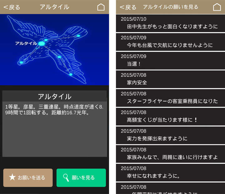 星をタッチすれば、その星の説明が読めます。そして、願いごとを送れます