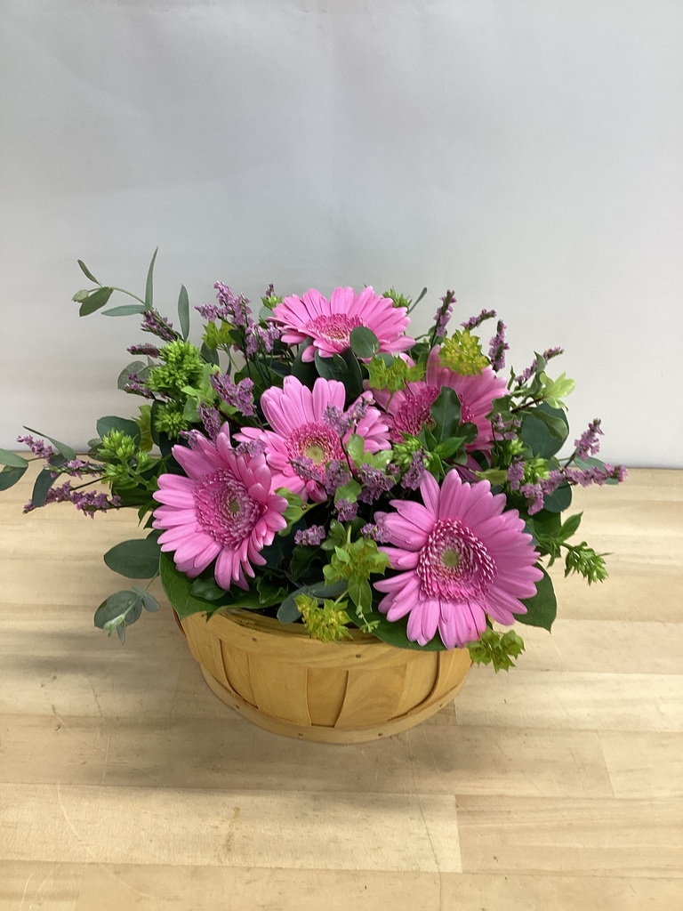 ガーベラ アレンジメント ピンク SS ラウンドバスケット  