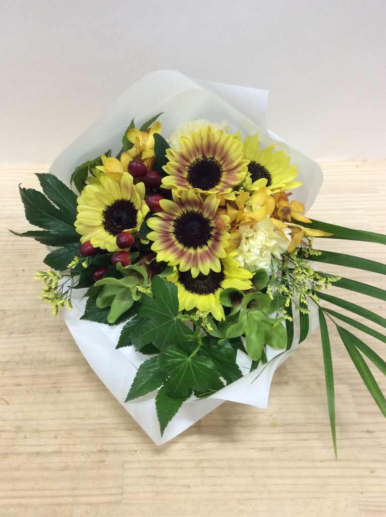 産地直送 ひまわり花束 複色ライチマロンミックス（15本入り