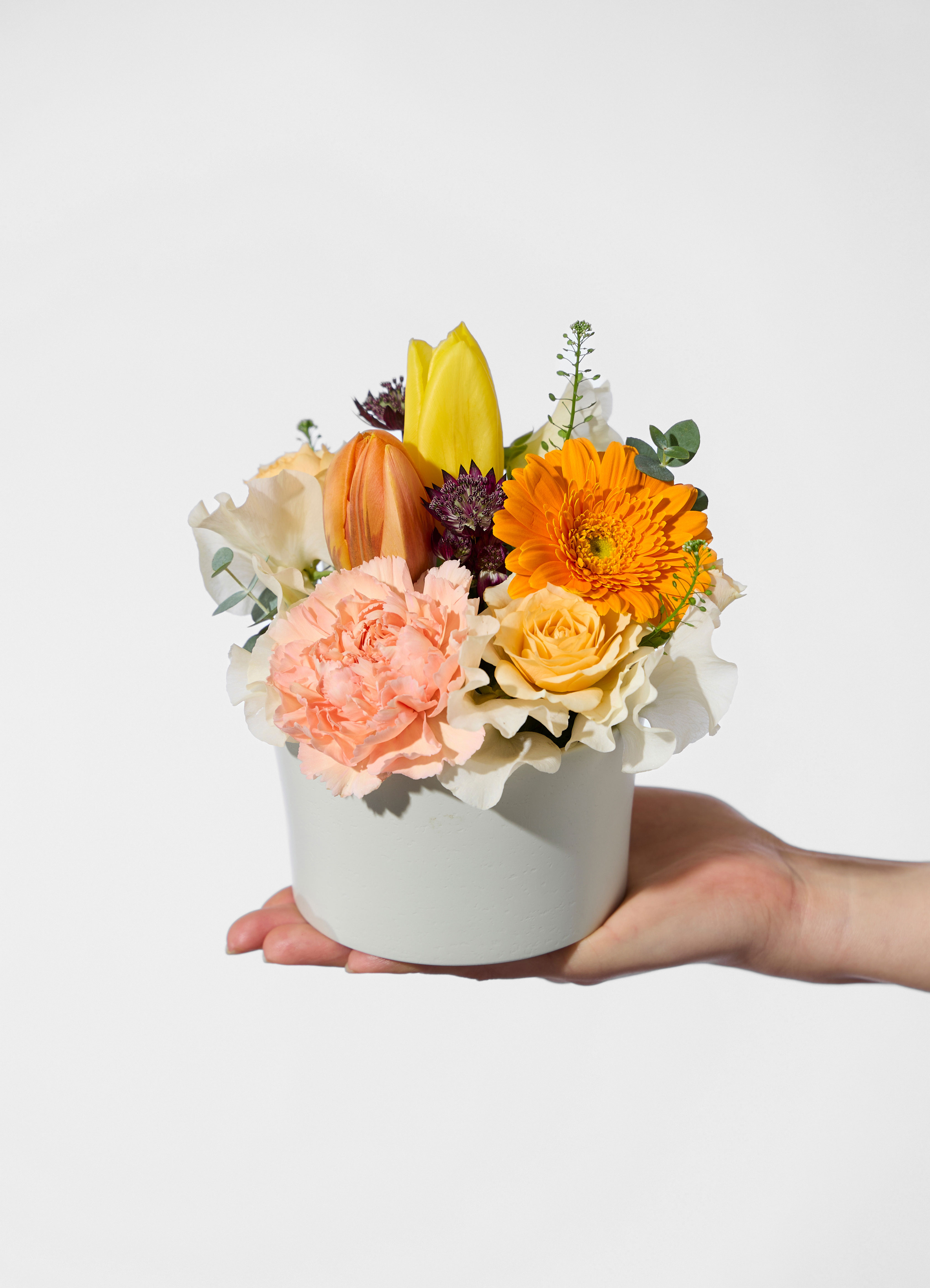 立春のアレンジメント チューリップとガーベラ オレンジ カップ