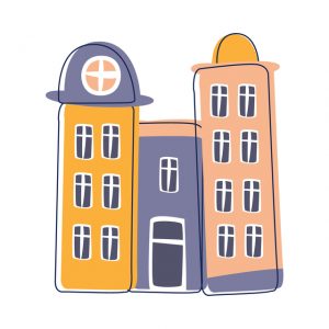 Tall Condominium Building In Blue And Pink Color, Cute Fairy Tale City Landscape Element Outlined Cartoon Illustration