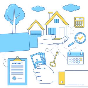 Real estate illustration with hand holding money and house