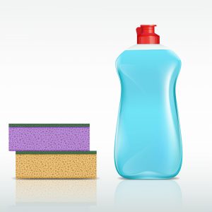 plastic bottle with detergent and sponge