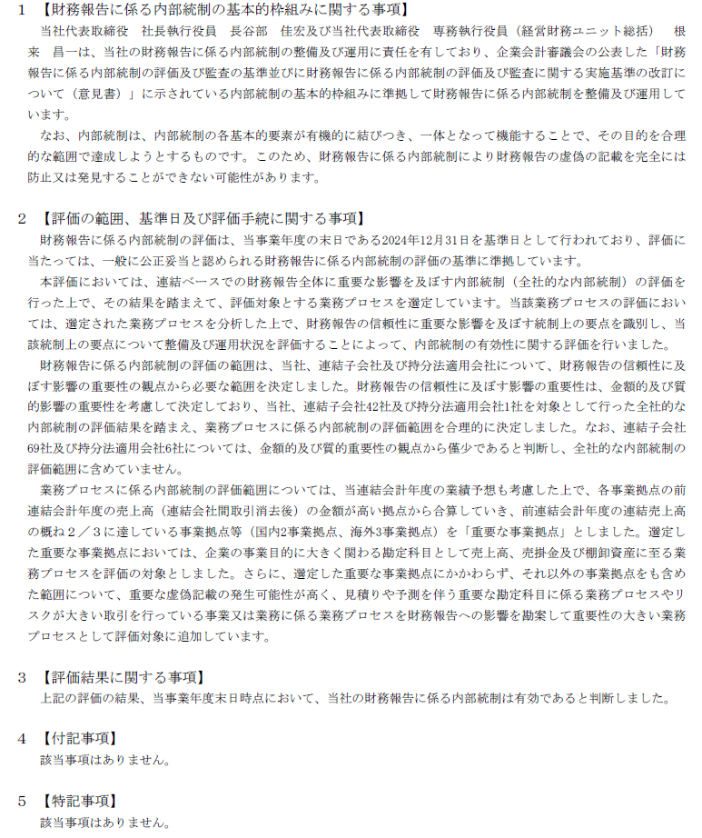 花王：内部統制報告書