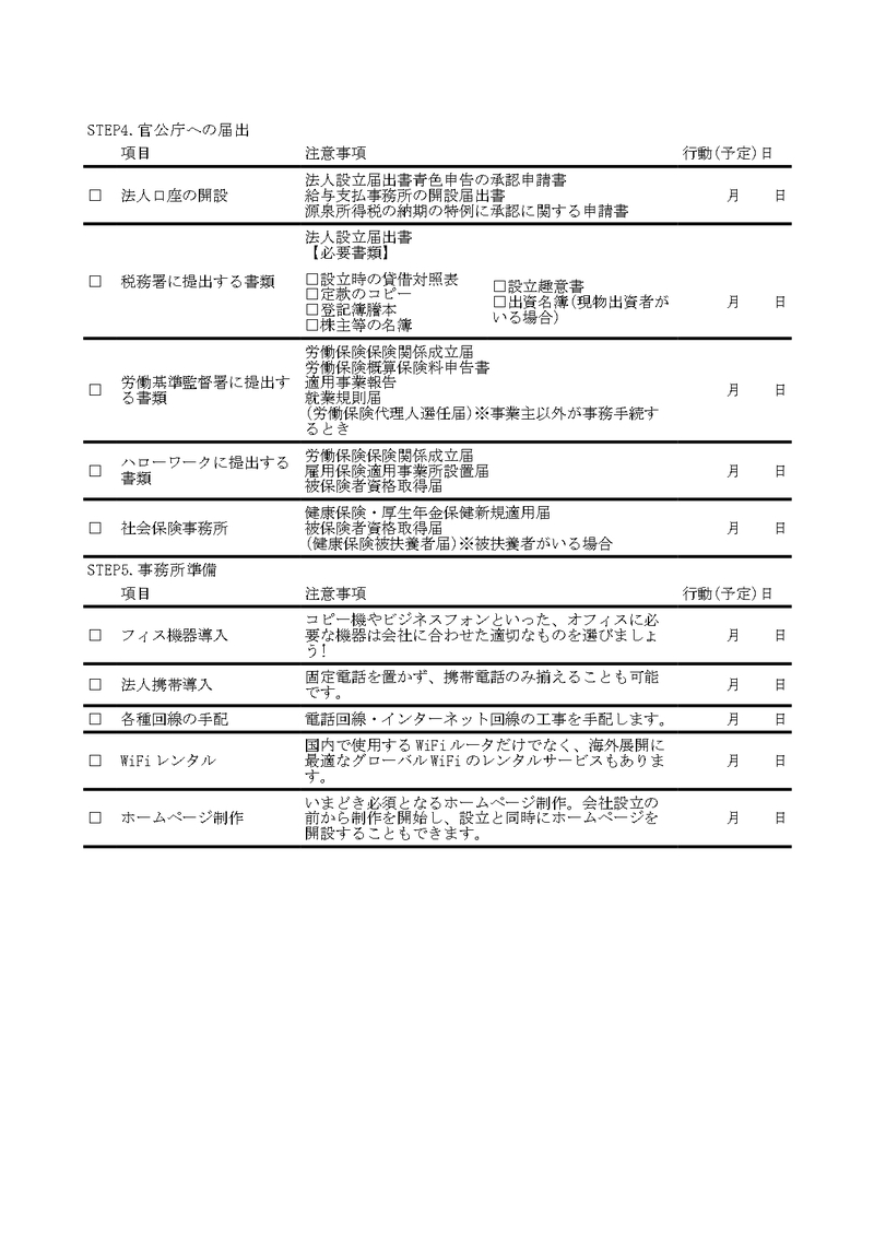 会社設立前の準備チェックシート