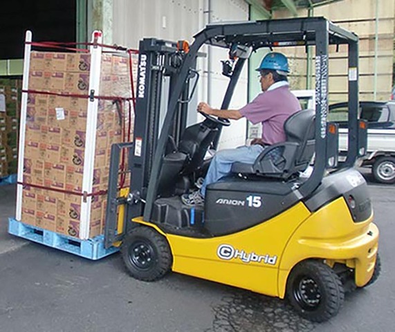市場内で青果物をフォークリフトで荷卸し・荷捌き