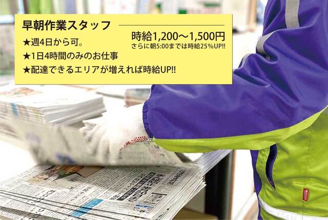 ４時間のみの勤務／週４日から可／早朝業務スタッフ１名募集中