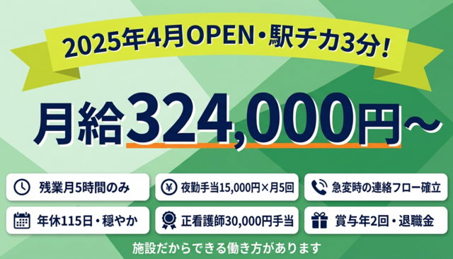 看護師（正社員）／月給324,000円〜／「病院の激務から抜け出したい」方へ。残業ほぼなし・夜勤は安心体制