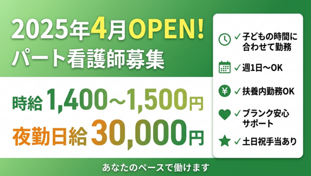 看護師（夜勤専従・パート）/1回夜勤手当30,000円／週１回からOK／ホスピス設備／Wワーク歓迎