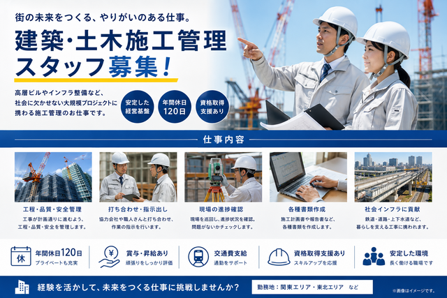 土木・建築施工管理スタッフ/正社員　外国籍の方積極採用中‼