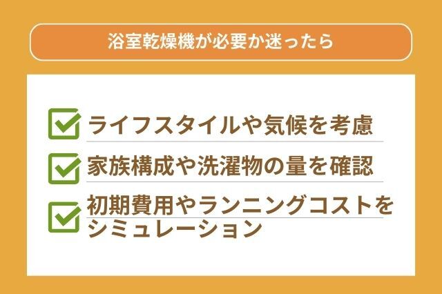 浴室乾燥機を設置すべきか迷ったときのチェックリスト 初期費用やランニングコストを シミュレーション 家族構成や洗濯物の量を確認 ライフスタイルや気候を考慮