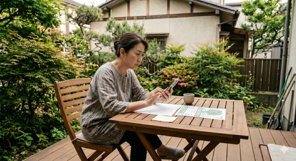 庭木の手入れに悩む様子