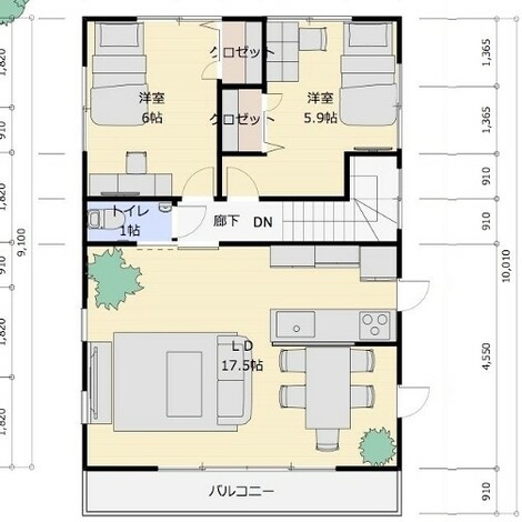 間口6.3m(3.5間) 2階建て 延床面積114㎡(34.4坪) | 建築システム(狭小住宅専門店)の間取り例【イエタテ】
