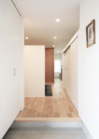 白を基調にしたシンプルな玄関 サイドにあるシューズクロークは 白い扉で隠してすっきりとした印象に 真正面にリビングがあるが テレビを掛ける仕