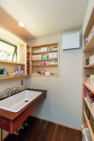 床と洗面台は漆塗り仕上げ 収納棚も造作 イエタテ