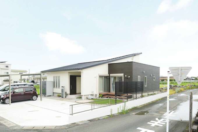 小屋裏収納を備えた片流れの平屋に 四角い箱型を加えたユニークなデザイン 庭を囲むプライベート感 効率よく居室に光を取り込む設計など 綿密な計