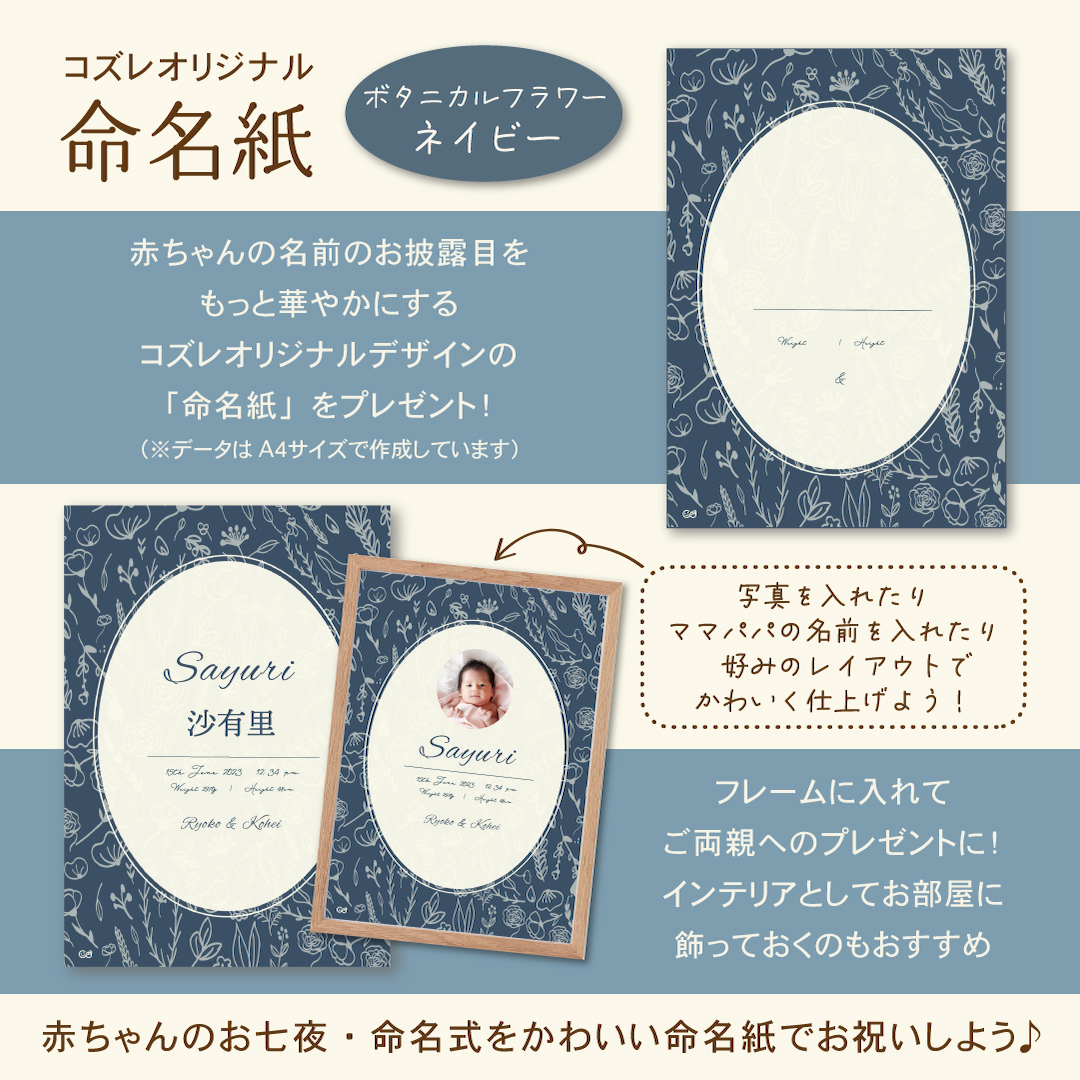 【全員にプレゼント】オリジナルデザイン 命名紙～ボタニカルフラワー ネイビー～