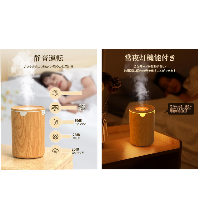 静音設計で寝室でも安心☆「小型卓上　超音波加湿器 320ML」