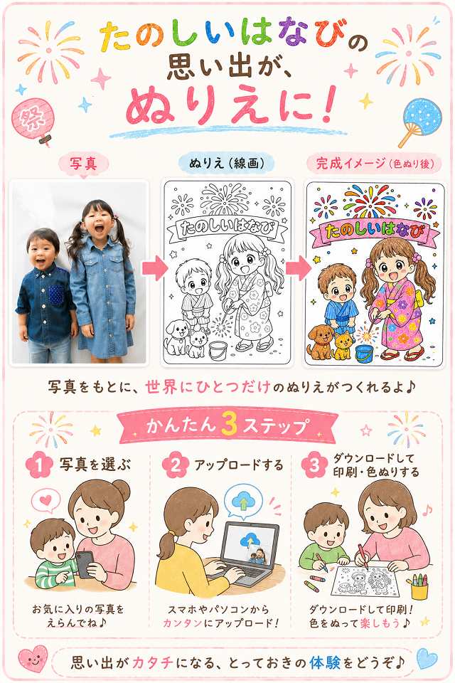 【コズレ会員限定】お子さんの写真がぬりえに変身！「ぬりえ たのしいはなび」
