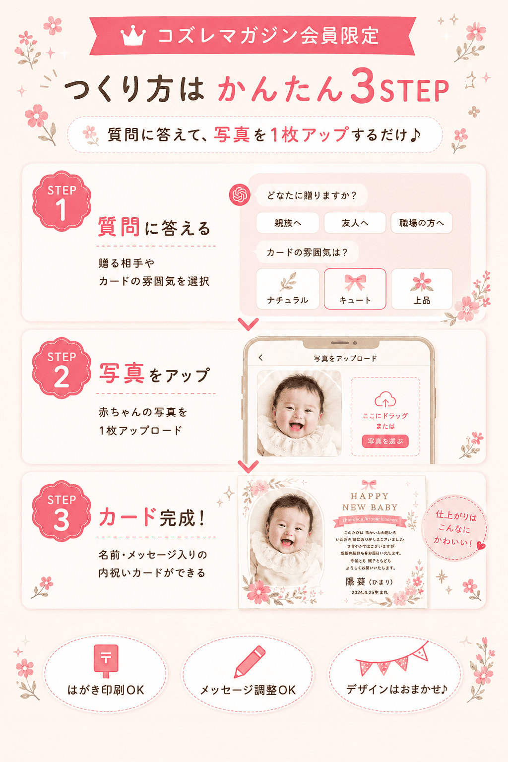 【コズレ会員限定】質問に答えて写真をアップするだけ！簡単「出産内祝いカード」