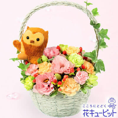 ふくろうのマスコット付きアレンジメント|花キューピッド,出産祝い,花,