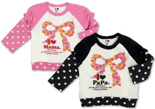 (アイラブパパアンドママ)【I lovePaPa&Mama】 アイラブパパ&ママ リボンプリント ガーゼ裏毛×スムス 重ね着風トレーナー 80cm/90cm/95cm 90 ママピンク,子供,トレーナー,