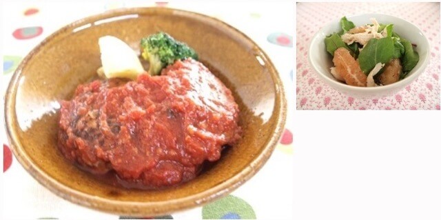ハンバーグのトマトソース煮&チキンとグレープフルーツのサラダ,献立,